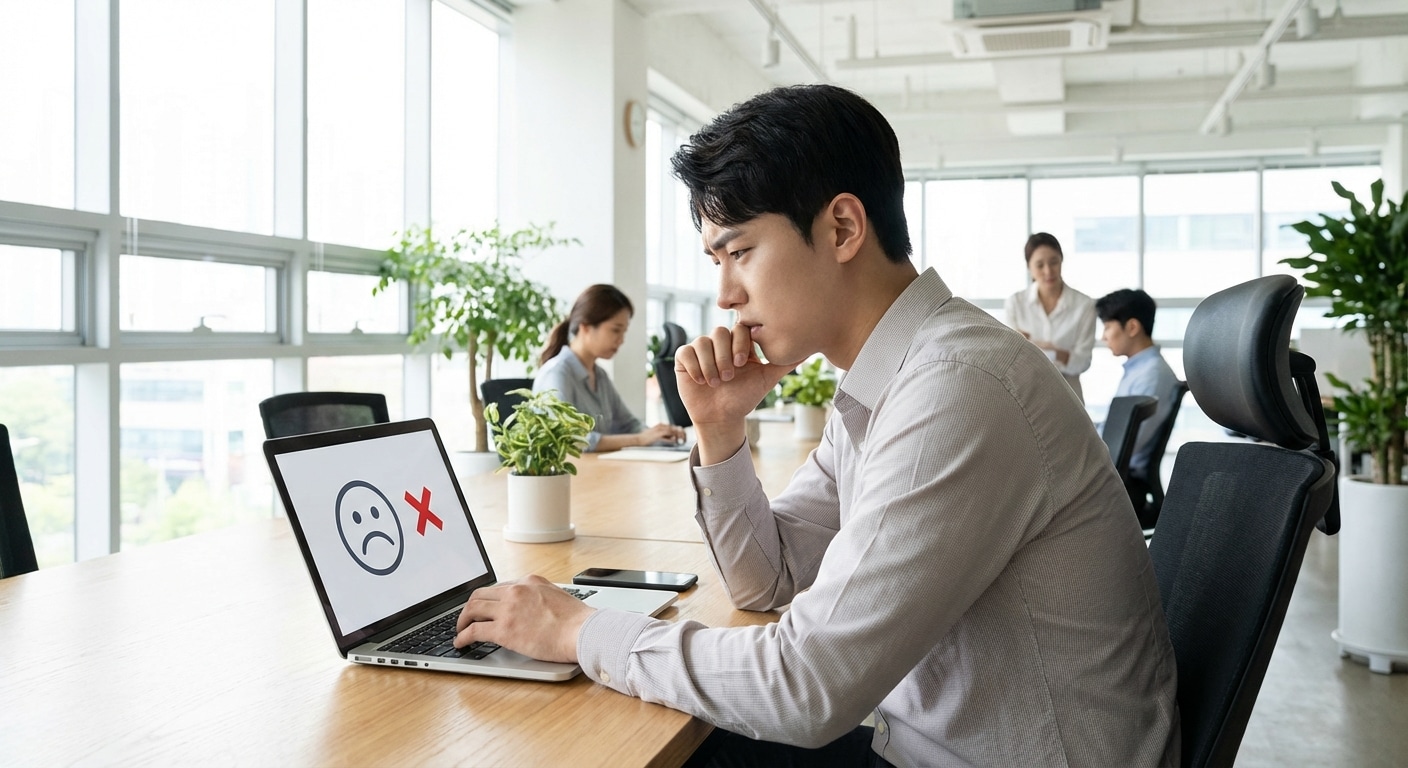 민원24 검색 오류 화면을 보는 직장인