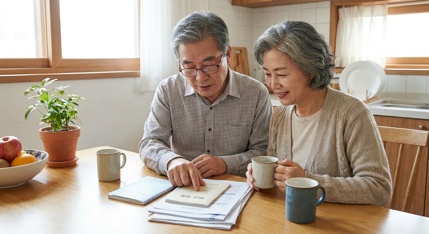 65세 이상 노부부가 기초연금 서류를 검토하는 모습